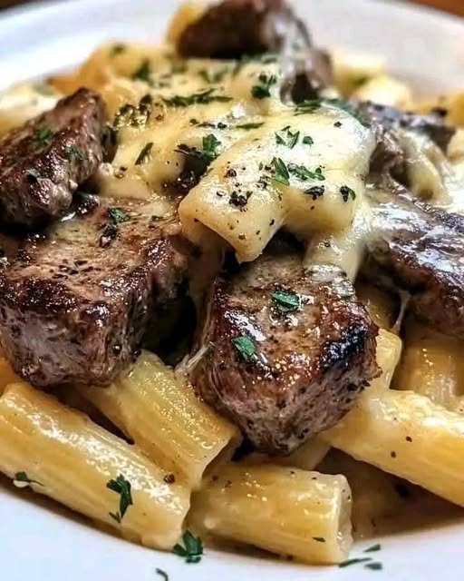 Garlic Butter Steak Bites with Creamy Cheesy Rigatoni