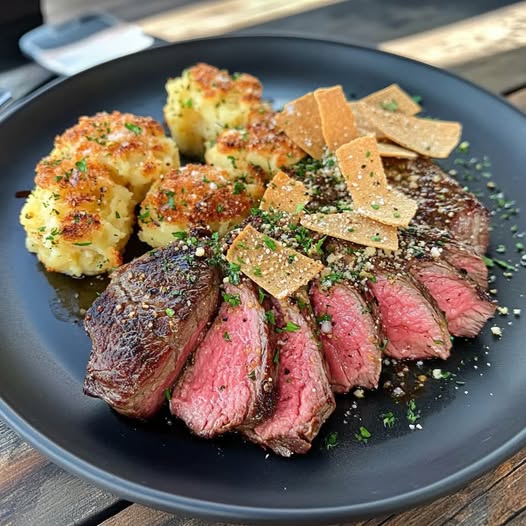 Grilled Steak with Crispy Potato Puffs and Herb-Infused Bread Chips – A Gourmet Meal at Home