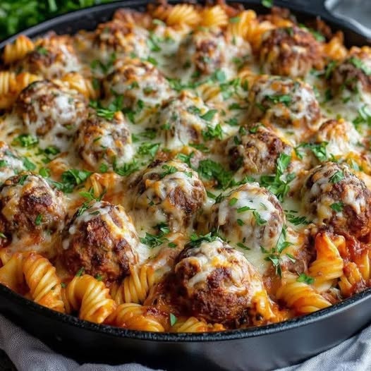 Cheesy Baked Meatballs and Pasta Casserole