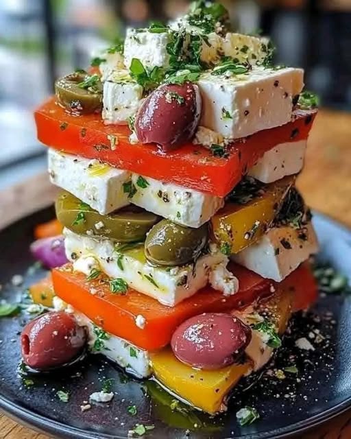 Greek Salad Stack with Feta and Olives