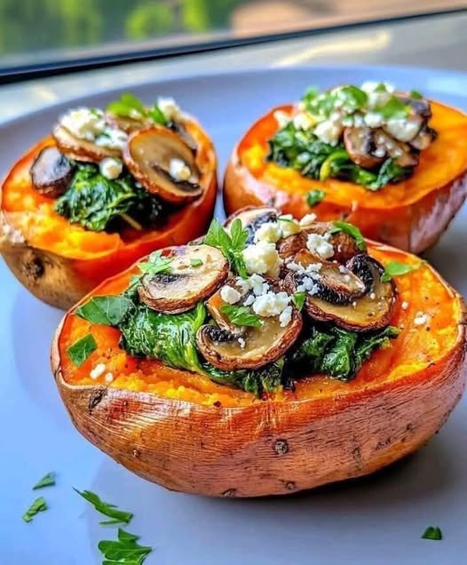 Stuffed Sweet Potatoes with Spinach, Mushroom, and Feta