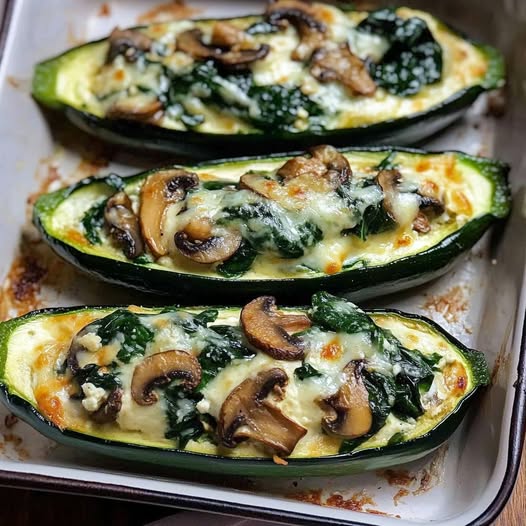 Spinach, Mushroom, and Ricotta Stuffed Zucchini Boats