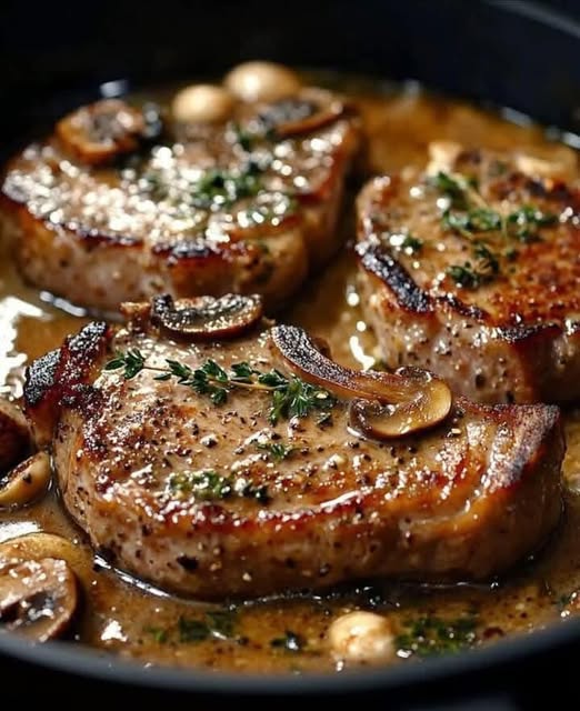 Creamy Mushroom Pork Chops with Garlic and Thyme Sauce