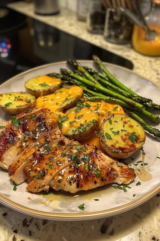 Honey Mustard Chicken with Cheesy Roasted Asparagus and Potatoes