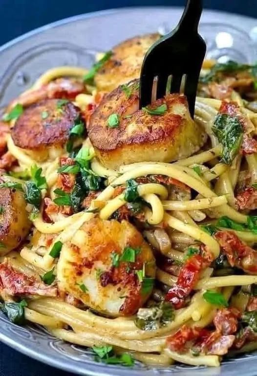 Creamy Tuscan Spaghetti with Jumbo Scallops