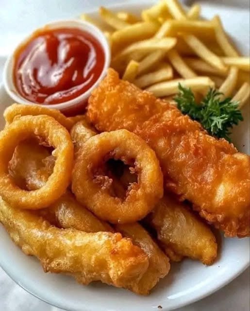 Crispy Battered Cod and Onion Rings Platter – A Golden, Crispy Delight!