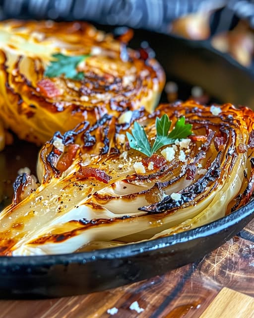 Garlic Butter Roasted Cabbage Steaks with Parmesan & Crispy Turkey Bacon