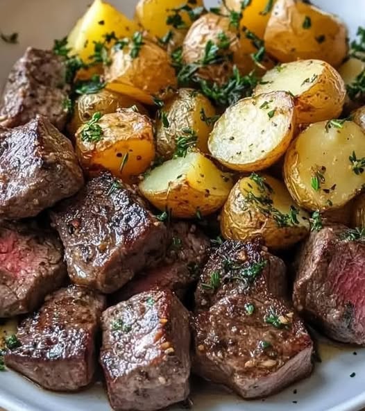 Air Fryer Garlic Butter Steak Bites and Potatoes