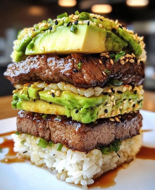 Teriyaki Beef and Avocado Rice Stack – Flavorful, Refreshing & Perfectly Layered!