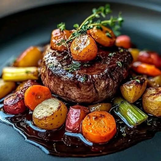 Pan-Seared Filet Mignon with Roasted Vegetables and Red Wine Reduction