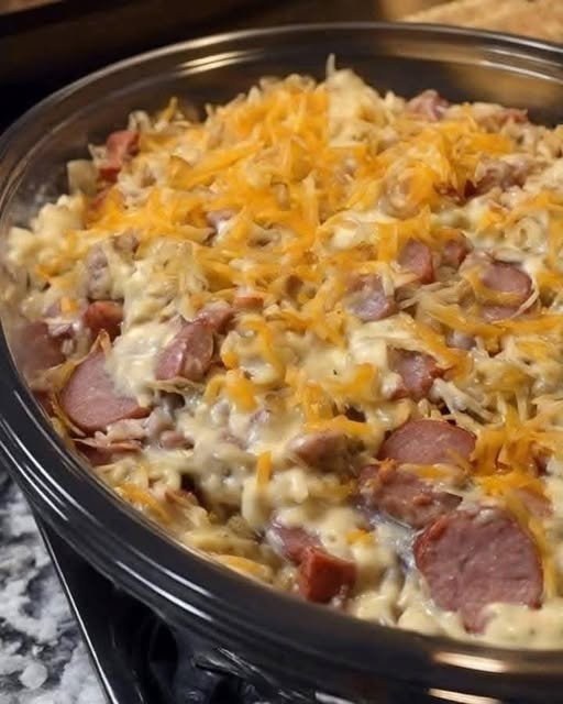 Super Simple Dump Meal: Cheesy Kielbasa Hashbrown Bake