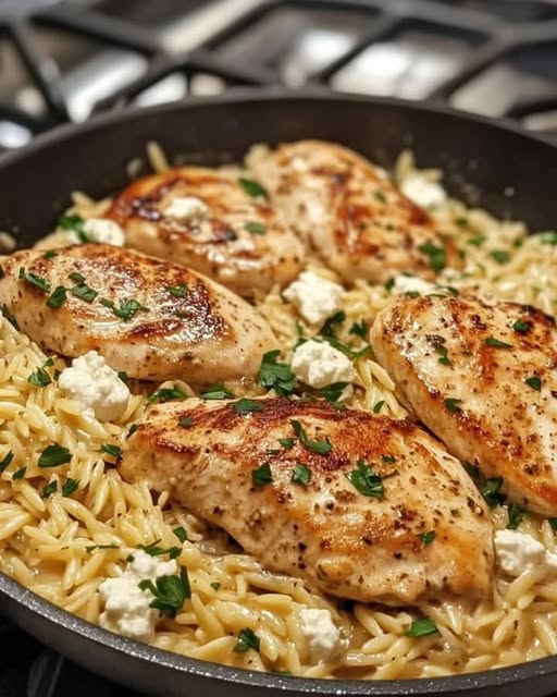 Creamy Feta Chicken and Orzo Skillet