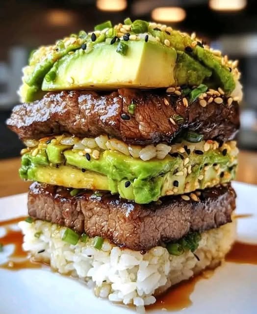 Teriyaki Beef and Avocado Rice Stack