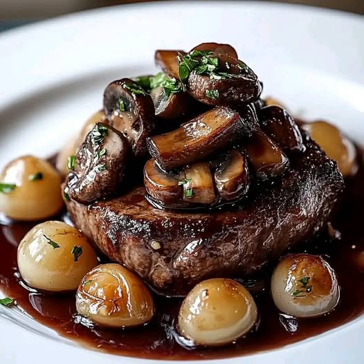 Filet Mignon with Sautéed Mushrooms and Red Wine Reduction Sauce