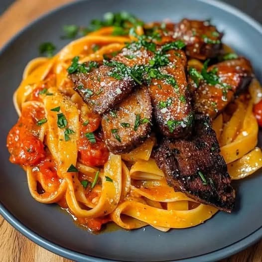 Grilled Meat Pasta with Garlic Bread