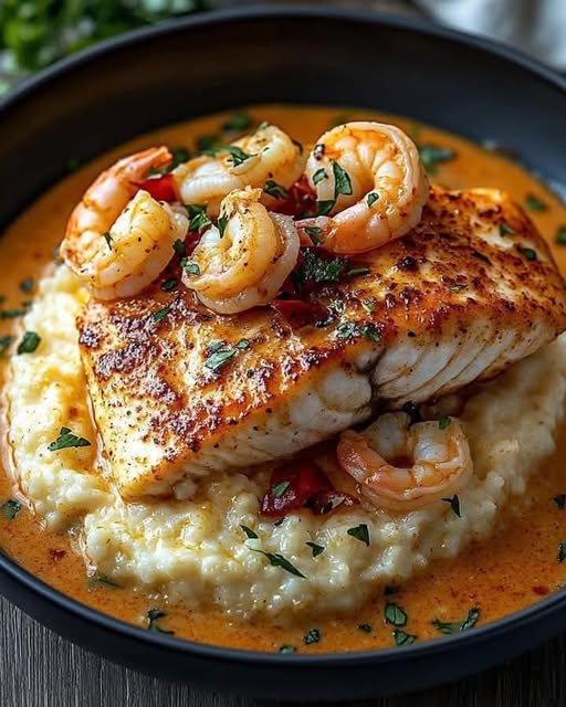 Red Snapper, Shrimp & Grits with a Cajun Cream Sauce