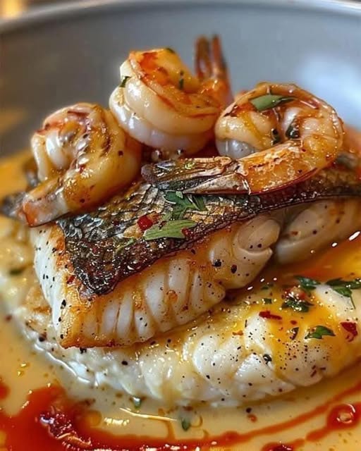 Red Snapper, Shrimp & Grits with a Cajun Cream Sauce