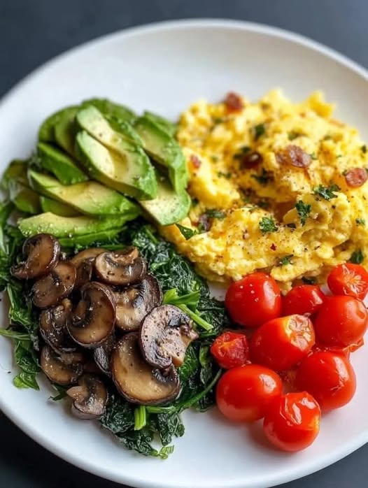 Scrambled Eggs with Garlic Mushrooms & Avocado Salsa