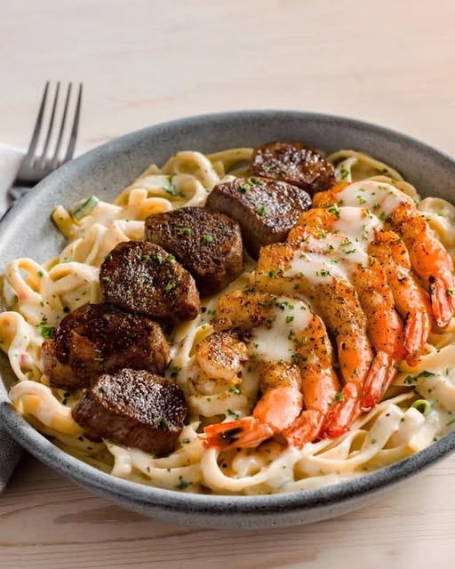 Cajun Shrimp and Steak Alfredo Pasta