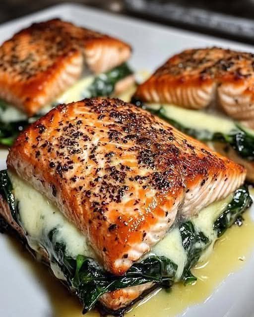 Blackened Salmon Stuffed with Spinach & Parmesan