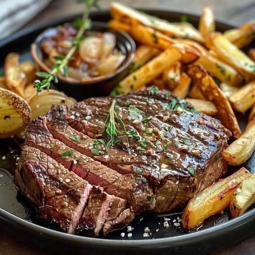 Ribeye Steak with French Onions and French Fries