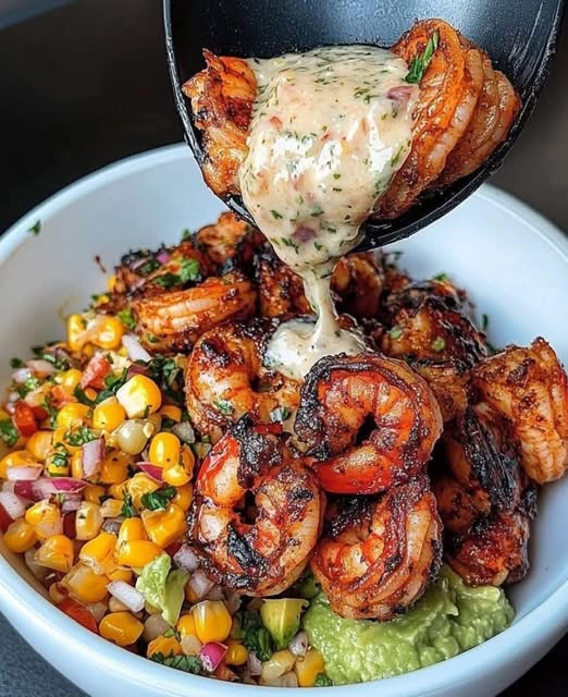 Grilled Shrimp Bowl with Avocado Corn Salsa and Creamy Sauce