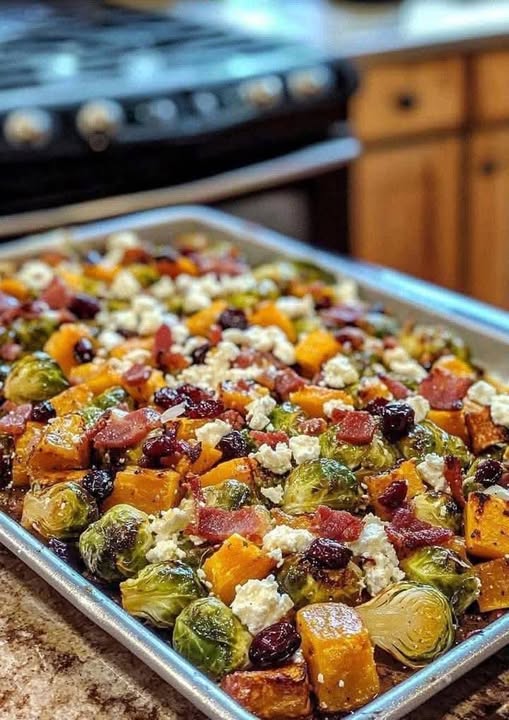 Roasted Brussels Sprouts and Butternut Squash with Bacon, Cranberries, and Feta