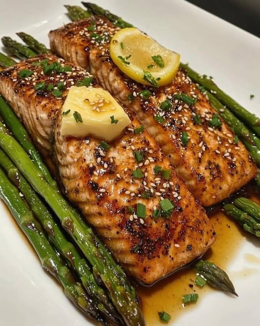 Honey Mustard Glazed Salmon with Lemon Herb Butter and Asparagus