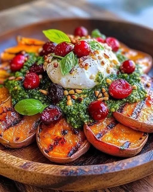 Grilled Sweet Potato & Burrata Salad with Cranberry Pepita Pesto