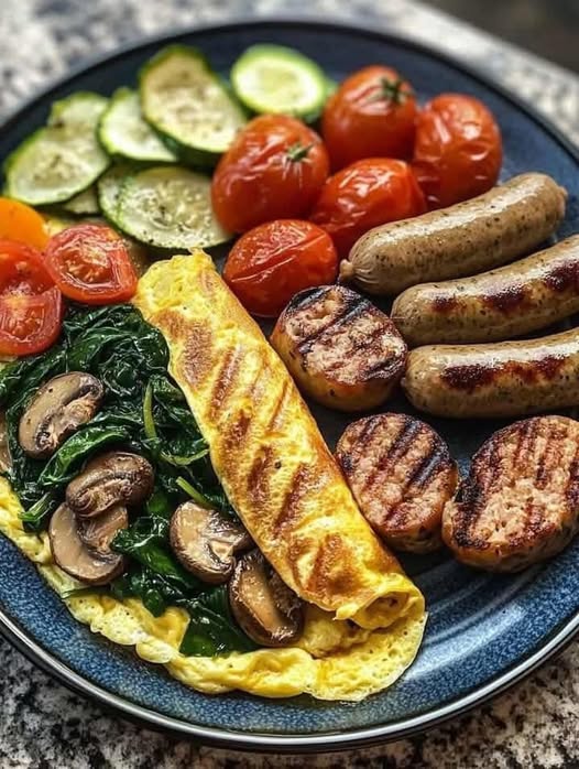 Healthy Breakfast Plate with Spinach Mushroom Omelet