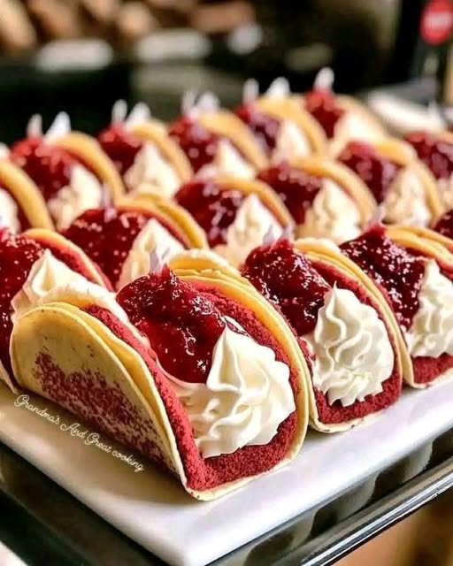 Red Velvet Tacos with Cream and Jam Sauce