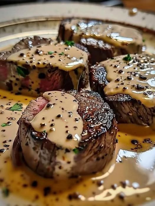 Filet Mignon in Shallot Peppercorn Cream Sauce