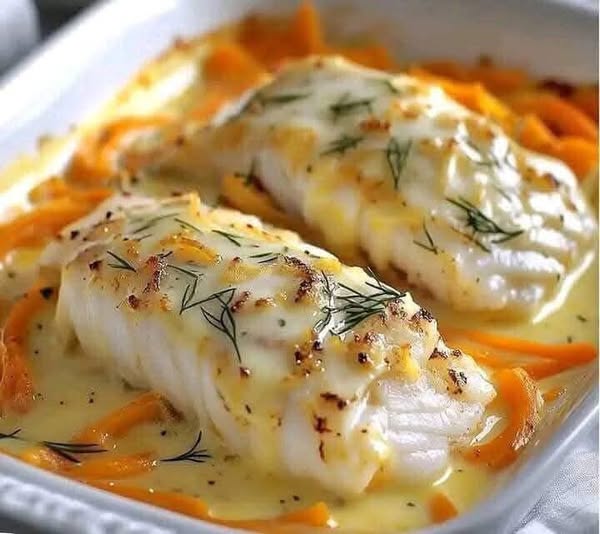 Baked Cod Fillets with Cream and Vegetables