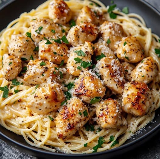 Garlic Butter Chicken Bites with Creamy Parmesan Pasta