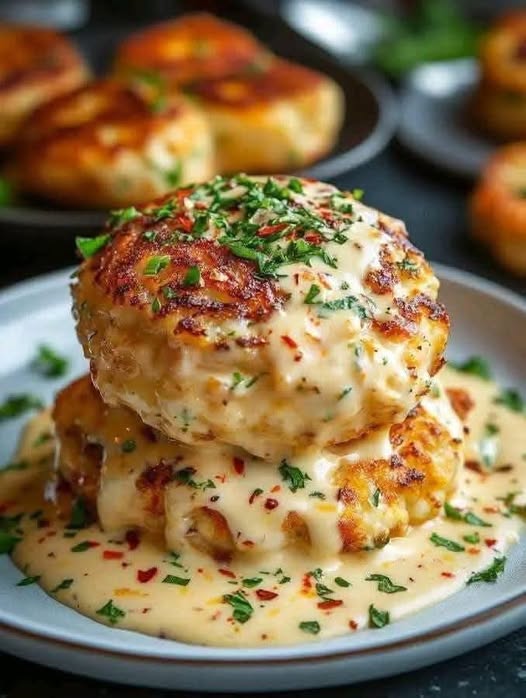 Cheesy Crab Cakes with Creamy Sauce