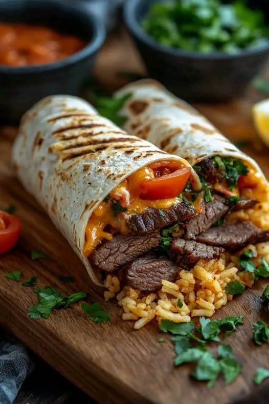 Beef Burrito with Melted Cheese, Tomato, and Cilantro Rice: A Flavorful and Satisfying Meal