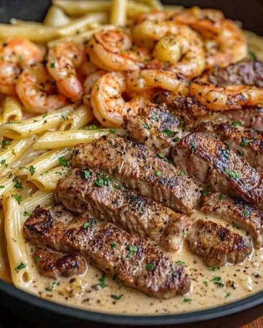 Delicious Cajun Shrimp and Steak Alfredo Pasta