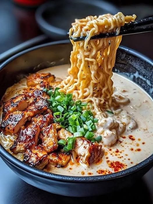 Fiery Chicken Ramen with Creamy Garlic Sauce