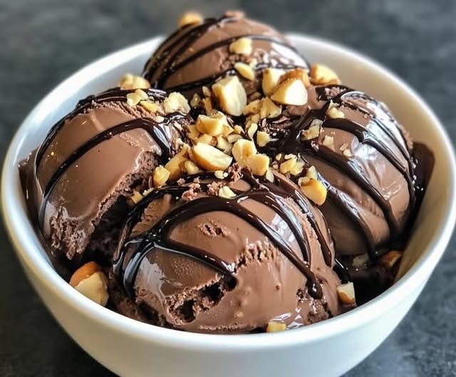 Homemade Chocolate Ice Cream with Nuts & Fudge Drizzle