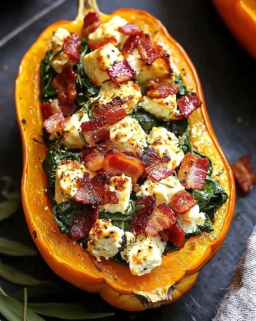 Stuffed Butternut Squash with Feta, Spinach & Bacon – A Cozy, Flavorful Dish!