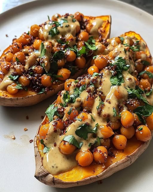 Sweet Potatoes with Tahini Butter Chickpeas – A Flavorful Vegan Feast