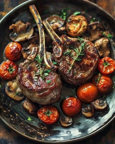 Grilled Lamb Chops with Roasted Cherry Tomatoes & Mushrooms