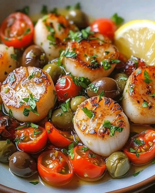 Seared Scallops with Tomatoes, Olives, and Capers