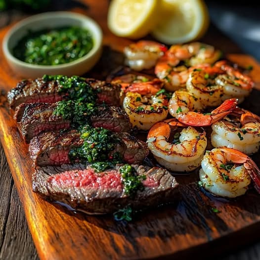 Grilled Flank Steak and Garlic Shrimp with Chimichurri – Sizzle Up a Surf-and-Turf Masterpiece!