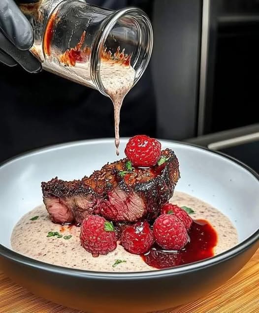 Pan-Seared Steak with Raspberry Balsamic Glaze & Creamy Goat Cheese Sauce