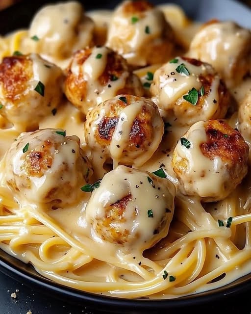 Garlic Butter Chicken Balls with Creamy Parmesan Pasta: A Rich and Savory Delight