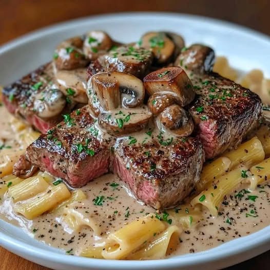 Steak with Mushroom Sauce on Pasta