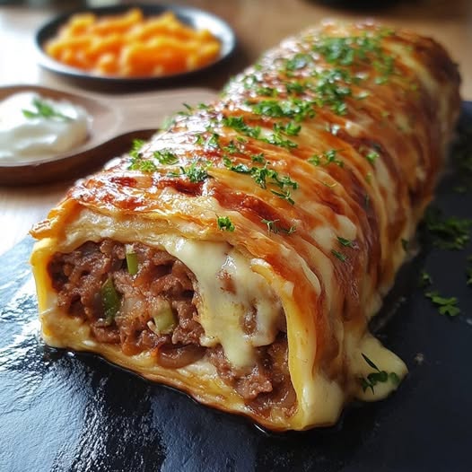 Delicious Puff Pastry Roll with Ground Meat and Melting Cheese