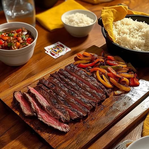 Grilled Flank Steak with Sautéed Peppers & Onions, White Rice & Warm Flour Tortillas