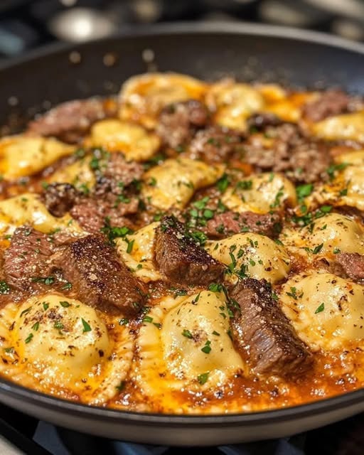 One-Skillet Garlic Butter Steak & Cheese Ravioli